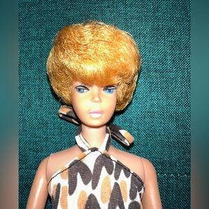 Vintage Original Blonde Bubble Cut Barbie Japan No Green Ears Animal Print Dress